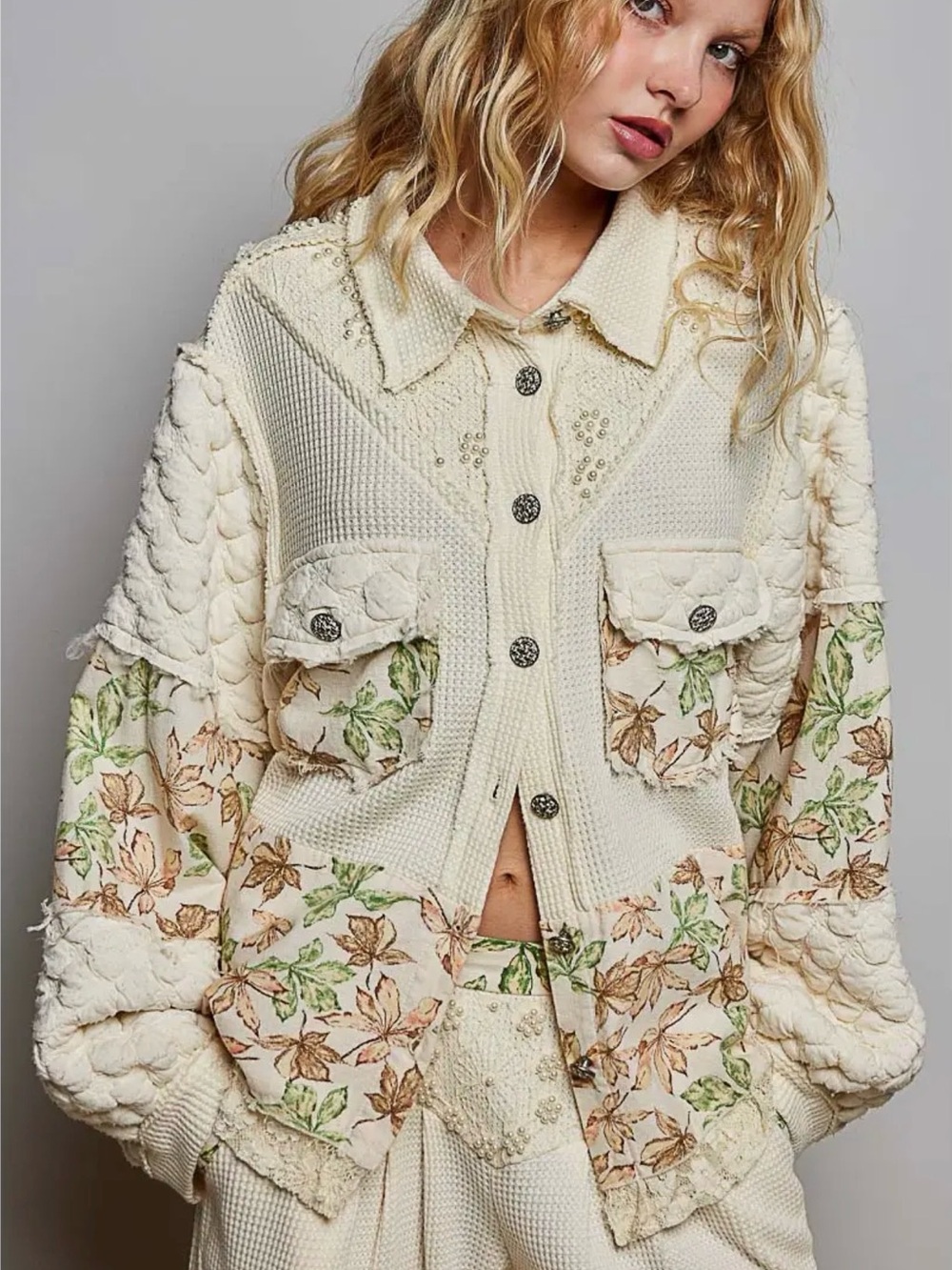 POL Cream Floral Patchwork Knit Jacket